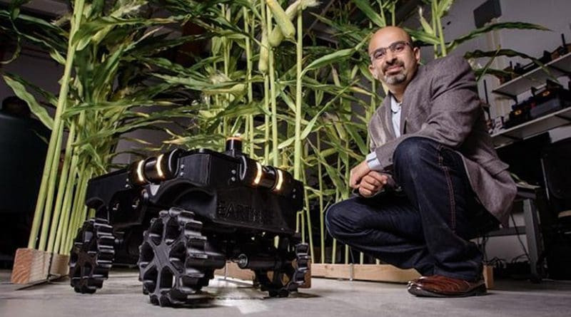 Agricultural and biological engineering professor Girish Chowdhary is leading a team that includes crop scientists, computer scientists and engineers in developing TerraSentia, a crop phenotyping robot. Credit L. Brian Stauffer