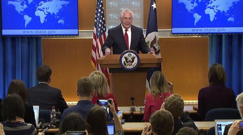 US Secretary of State Rex Tillerson addresses reporters. Photo Credit: US State Department video screenshot.