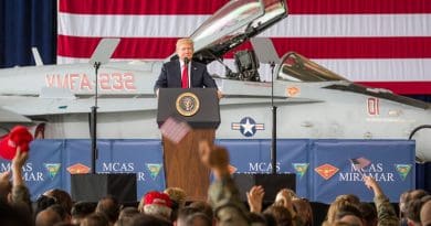 President Donald J. Trump speaks at Marine Corps Air Station Miramar, Calif., March 13, 2018. Trump visited MCAS Miramar during part of a larger trip to California to speak with service members and their families. Marine Corps photo by Sgt. Tia Dufour