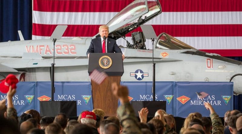 President Donald J. Trump speaks at Marine Corps Air Station Miramar, Calif., March 13, 2018. Trump visited MCAS Miramar during part of a larger trip to California to speak with service members and their families. Marine Corps photo by Sgt. Tia Dufour