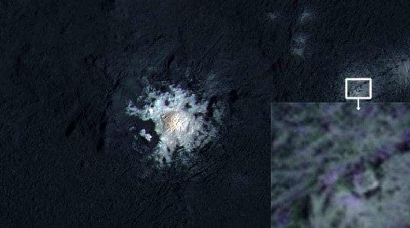 Inside the Occator crater of the dwarf planet Ceres appears a strange structure, looking like a square inside a triangle. Credit NASA / JPL-Caltech