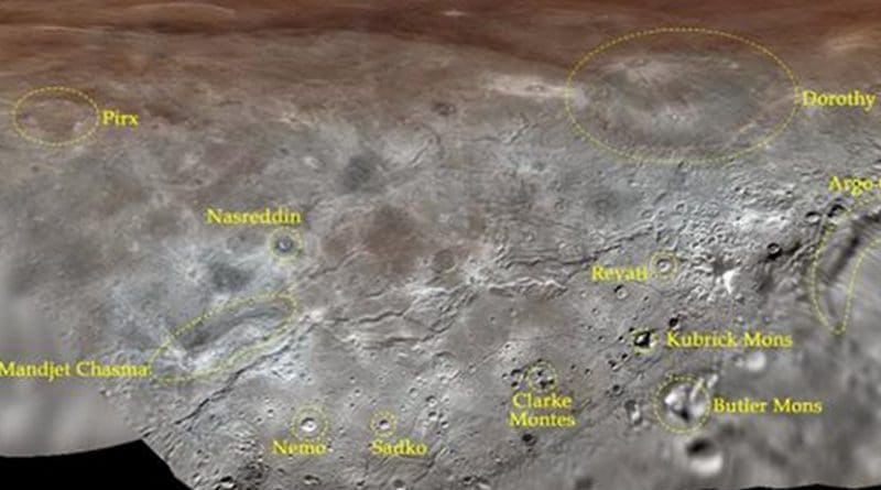 Map projection of Charon, the largest of Pluto's five moons, annotated with its first set of official feature names. With a diameter of about 1,215 km, the France-sized moon is one of largest known objects in the Kuiper Belt, the region of icy, rocky bodies beyond Neptune. Credit NASA/Johns Hopkins University Applied Physics Laboratory/Southwest Research Institute