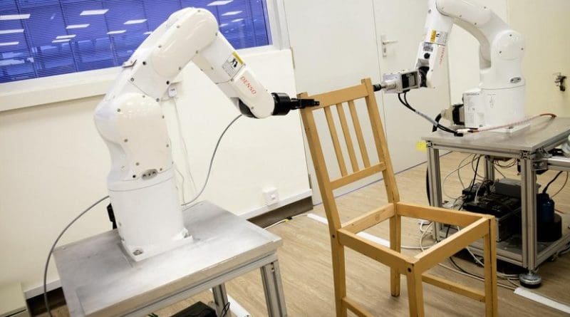 Using algorithms developed by the team, the robot plans a two-handed motion that is fast and collision-free. This motion pathway needs to be integrated with visual and tactile perception, grasping and execution. To make sure that the robotic arms are able to grip the pieces tightly and perform tasks such as inserting wooden plugs, the amount of force exerted has to be regulated. Credit NTU Singapore