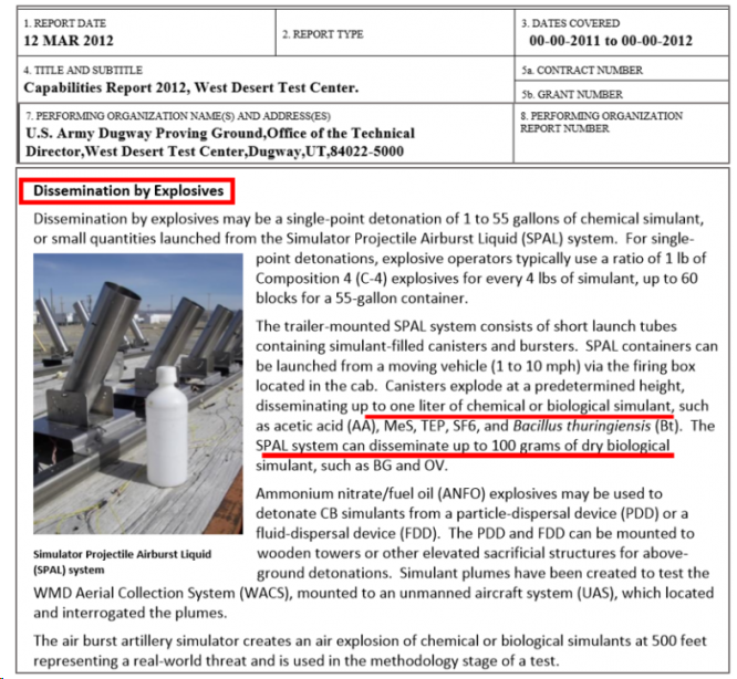 Dissemination by explosives Source: Capabilities report 2012, West Desert Test Center