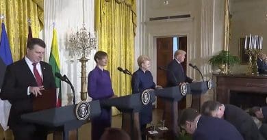 President Raimonds Vejonis of Latvia (left), President Kersti Kaljulaid of Estonia (second from left), President Dalia Grybauskaite of Lithuania, and U.S. President Donald Trump. Credit: Screenshot White House video.