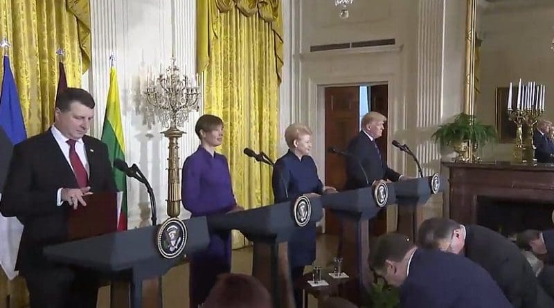 President Raimonds Vejonis of Latvia (left), President Kersti Kaljulaid of Estonia (second from left), President Dalia Grybauskaite of Lithuania, and U.S. President Donald Trump. Credit: Screenshot White House video.