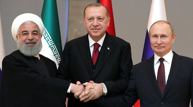 Russia's President Vladimir Putin with President of Iran Hassan Rouhani (left) and President of Turkey Recep Tayyip Erdogan before the trilateral meeting. Photo Credit: Kremlin.ru
