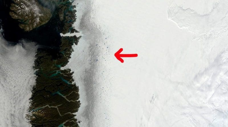 Satellite images of the dark zone of Greenland ice sheet clearly show the impure ice in remarkable contrast to the pristine snow. Satellites however miss out on details in the composition of the impurities. Credit MODIS/NASA