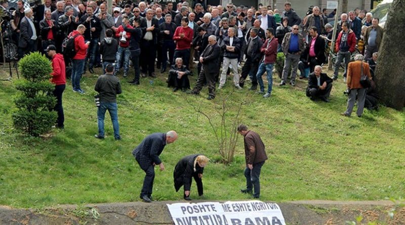 Protesters against the toll in Tirana on 4 April 2018. The banner reads: 'Down with Rama Dictatorship, I have an erection". Photo: Malton Dibra/LSA