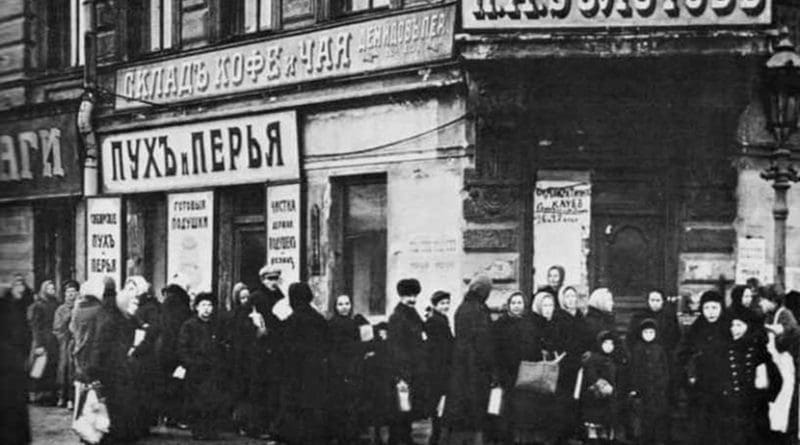 Bread line in Russia. Source: Wikipedia Commons.