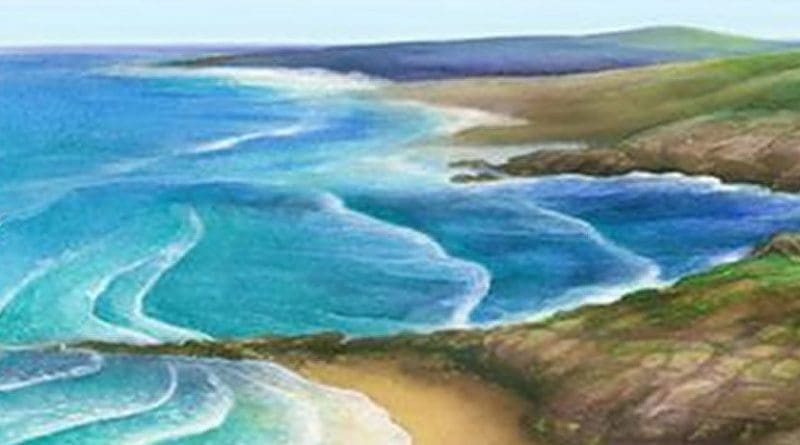 An artist's rendering of a coastal ocean landscape in the early Triassic world 250 million years ago. Credit Hewe Duan