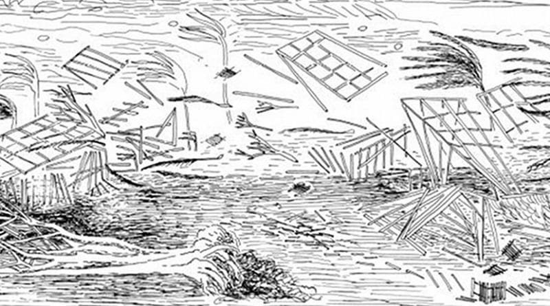 Artist's rendering of the destruction during the Hawai'i hurricane of 1871. Credit Businger et al., 2018.