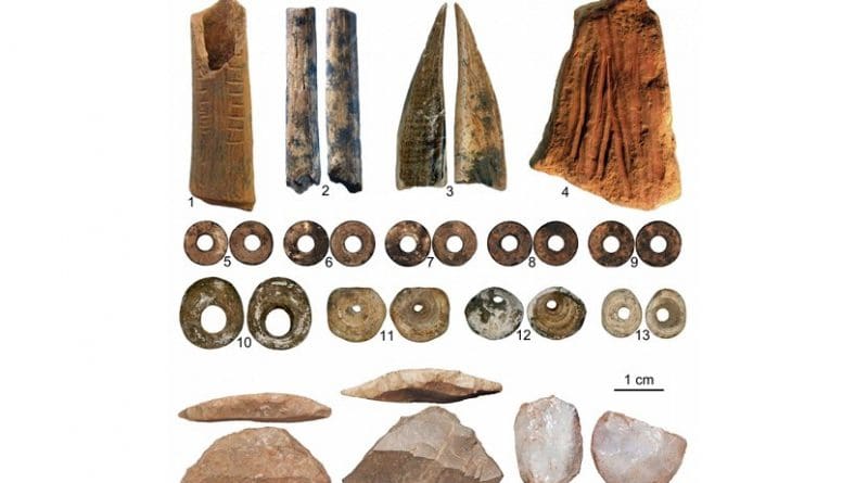 Items found in Panga ya Saidi cave. 1. A decorated bone 2. A broken bone arrow point 3. An awl made of tusk 4. An ochre crayon. 5-9. Ostrich egg shell beads, 10-13 are marine shell beads. Other items: miniaturized stone tools. Credit Credit Francesco d'Errico and Africa Pitarch Marti.