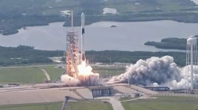 A SpaceX rocket carrying a Bangladeshi satellite blasts off from Kennedy Space Center in Cape Canaveral, Florida, in this screen grab from a video recording of the launch, May 11, 2018. SpaceX/YouTube