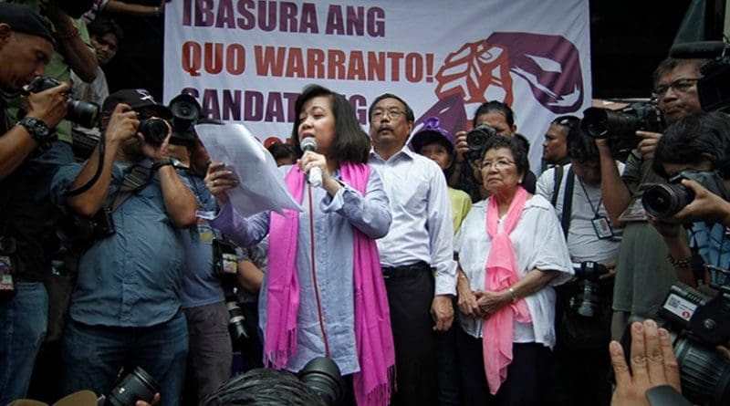 Philippine Chief Justice Maria Lourdes Sereno addresses her supporters after her ouster as the country’s chief magistrate on May 11. (Photo by Vincent Go/ucanews.com)