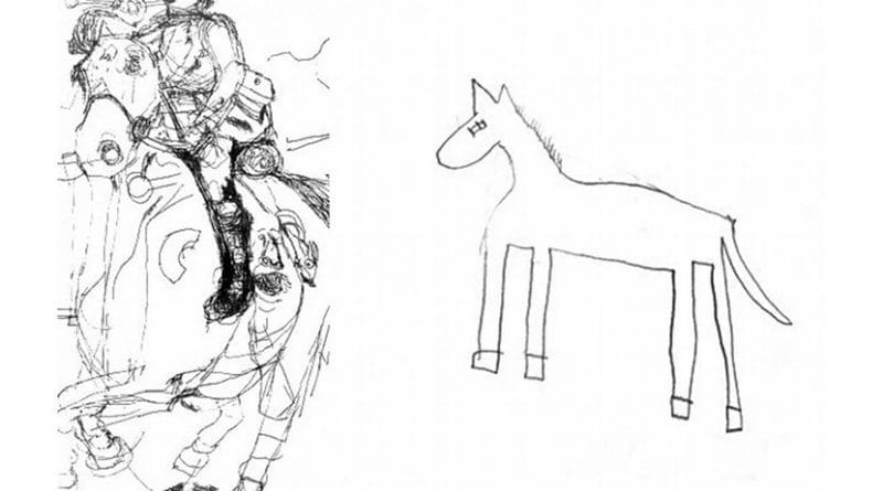 This is a drawing of a horse by Nadia, a gifted autistic child artist (left) and by a typically developing child of the same age (right). Credit Penny Spikins, University of York