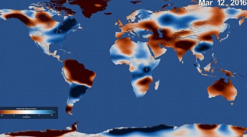 This global map of freshwater stored on land for February 2016 using data from the Gravity Recovery and Climate Experiment. Credit NASA