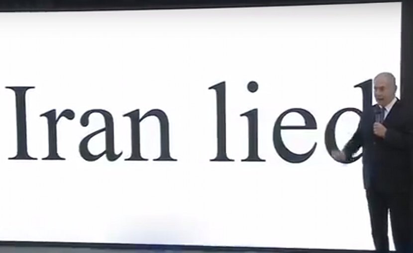 Israel's PM Benjamin Netanyahu delivering presentation claiming Iran lied about its nuclear program. Credit: YouTube screenshot