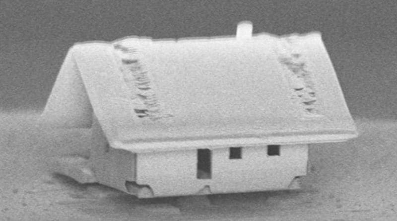 A microhouse's tiled roof shows the ion gun's new ability to focus on a 300-by-300-micrometer area. Credit FEMTO-ST Institute