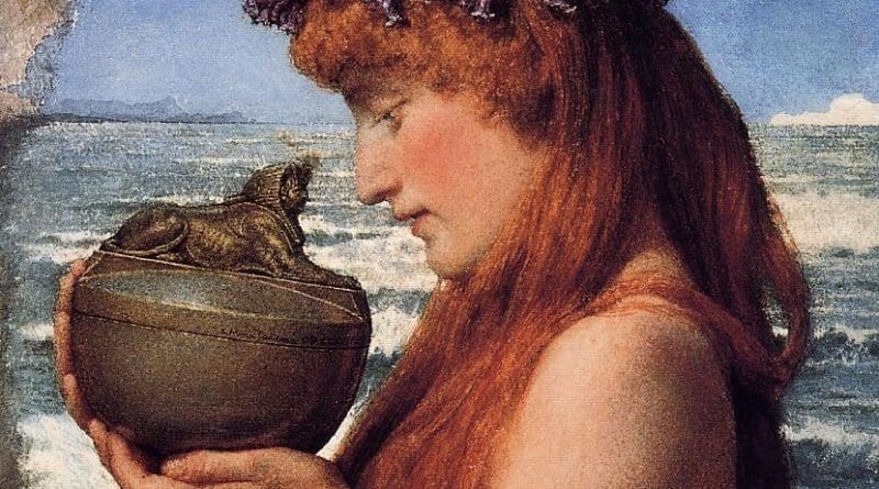 Detail of Lawrence Alma-Tadema's water-colour of an ambivalent Pandora, 1881. Wikipedia Commons.