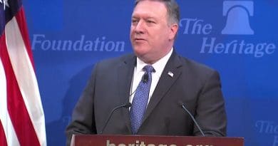 US Secretary Pompeo delivers a speech on a New Iran Strategy at The Heritage Foundation. Credit: US State Dept. video screenshot.