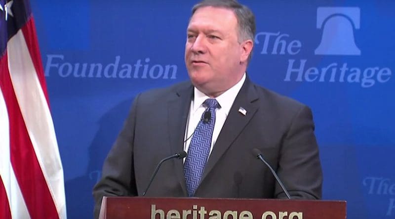 US Secretary Pompeo delivers a speech on a New Iran Strategy at The Heritage Foundation. Credit: US State Dept. video screenshot.