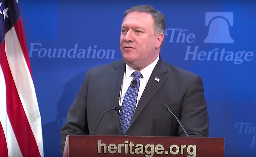 US Secretary Pompeo delivers a speech on a New Iran Strategy at The Heritage Foundation. Credit: US State Dept. video screenshot.