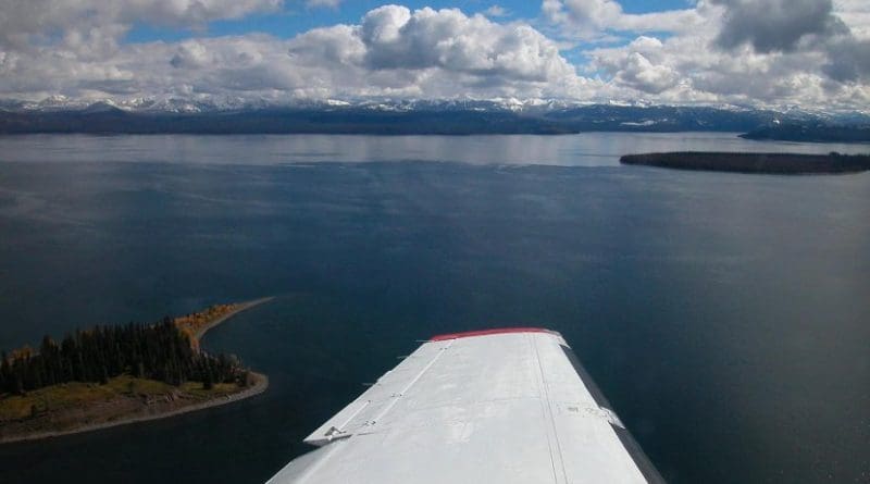 Yellowstone Lake is shown from a plane conducting a test flight in September 2004 as part of research by MSU electrical engineering professor Joe Shaw about the feasibility of using a laser technology to detect groups of lake trout. Photo courtesy Joe Shaw. Credit Joe Shaw, Montana State University