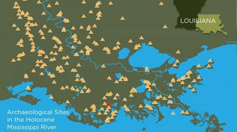 Hundreds of ancient mound sites, depicted here with yellow triangles, still survive in coastal Louisiana. A new study teases out the natural and human history of one of these mound-top villages, a site known as Grand Caillou, shown in red. Credit Graphic by Julie McMahon after Mehta and Chamberlain.