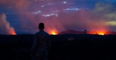 A member of the Hawaii Air National Guard observes three lava fissures at the Leilani Estates and Lanipuna Gardens subdivisions in Pahoa, Hawaii, May 15, 2018. More than 150 members of the Hawaii National Guard are assisting Hawaii County agencies as part of Joint Task Force 5-0. Air Force photo by Senior Airman John Linzmeier