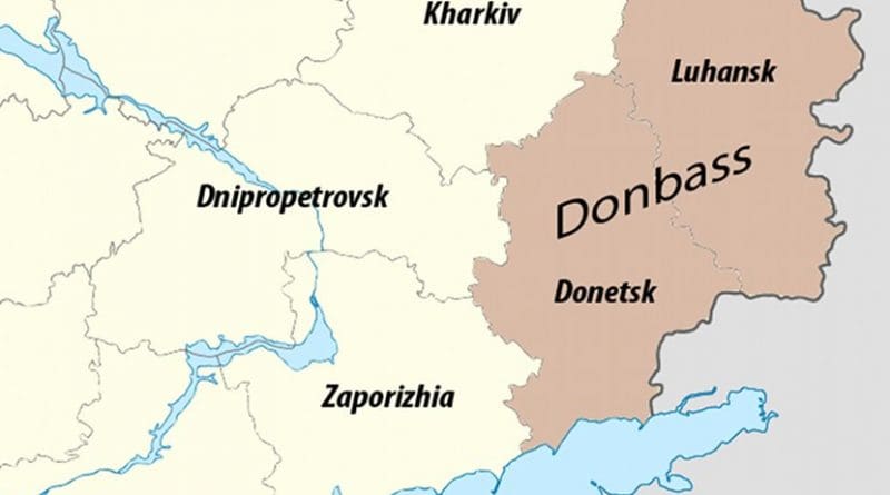 The contemporary media definition of Donbas in Ukraine overlapping territories of Sloboda Ukraine. Source: WIkipedia Commons.