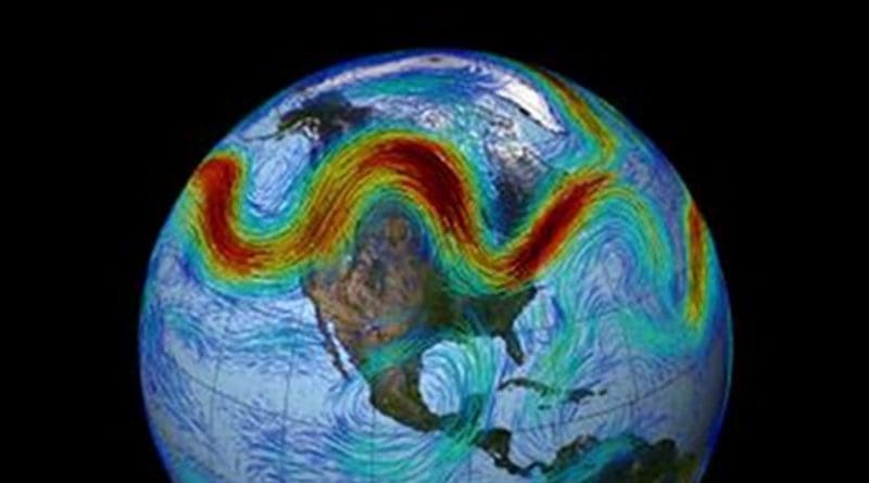 This is an illustration of the Northern Hemisphere's polar jet stream. Credit NASA's Goddard Space Flight Center