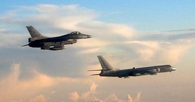 Taiwan's F-16 fighter jet (L) monitors one of two Chinese H-6 bombers that flew over the Bashi Channel south of Taiwan and the Miyako Strait, near Japan's Okinawa Island, in photo taken and released on May 25, 2018 by Taiwan's defense ministry.