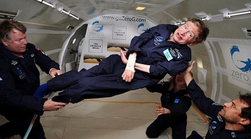 Physicist Stephen Hawking in Zero Gravity NASA. Photo by Jim Campbell/Aero-News Network, Wikimedia Commons.