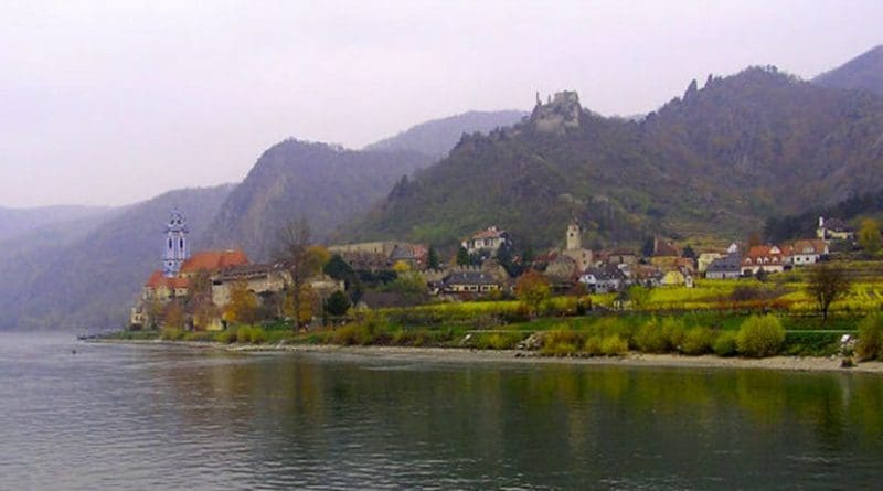 The Danube River flows past Durnstein, Austria.