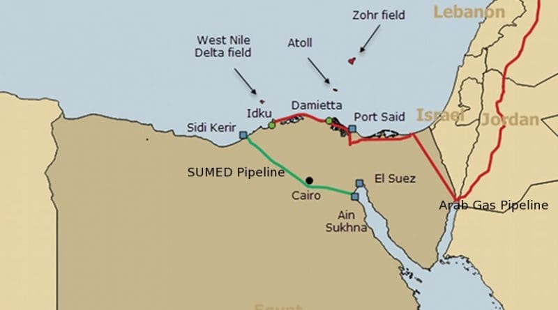 Map of Egypt and oil and gas infrastructure highlighting SUMED pipeline (green) and Arab Gas Pipeline (red). Source: EIA.