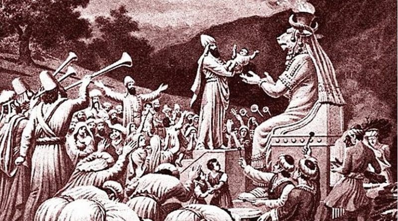 Artist's view of a sacrifice to Moloch in Bible Pictures with brief descriptions by Charles Foster, 1897. Source: WIkimedia Commons.