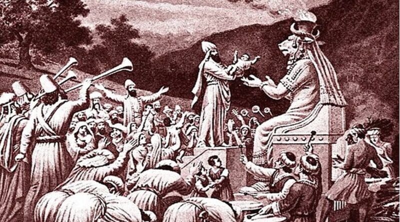 Artist's view of a sacrifice to Moloch in Bible Pictures with brief descriptions by Charles Foster, 1897. Source: WIkimedia Commons.