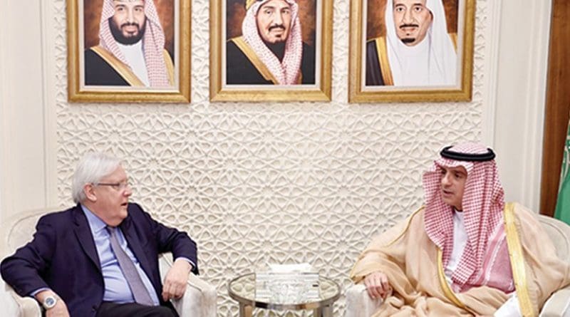 Saudi Arabia’s Foreign Minister Adel Al-Jubeir holds talks with Martin Griffiths, UN envoy to Yemen, in Riyadh on Wednesday. (SPA)