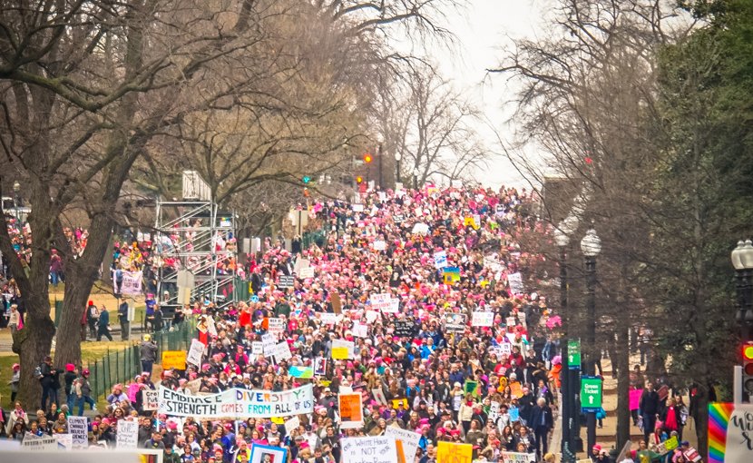 People taking part of the 2017 Women's March on DC the day after Donald Trump's inauguration. Photo by Ted Eytan, Wikimedia Commons.