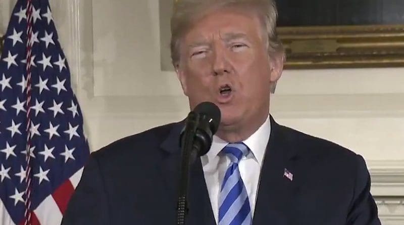 President Donald Trump announces US pulls out of Iran nuclear deal. Photo Credit: White House video screenshot.