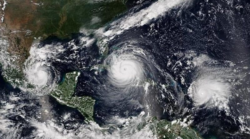 A study led by PNNL shows that hurricanes intensify more quickly now than they did 30 years ago. Hurricanes like Irma (center), and Jose (right) are examples of these types of hurricanes. Hurricane Katia is visible on the left. Credit NOAA