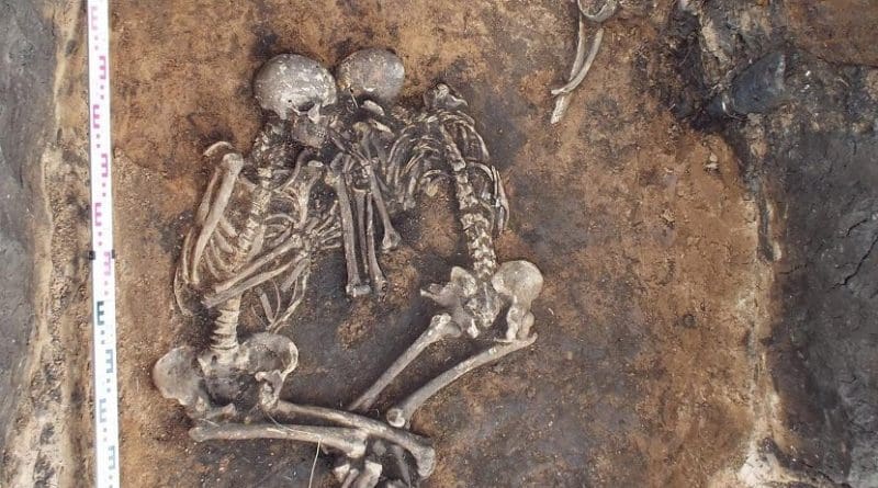 Double burial of the two plague victims in the Samara region, Russia. Credit V.V. Kondrashin and V.A. Tsybin; Spyrou et al. 2018. Analysis of 3,800-year-old Yersinia pestis genomes suggests Bronze Age origin for bubonic plague. Nature Communications.