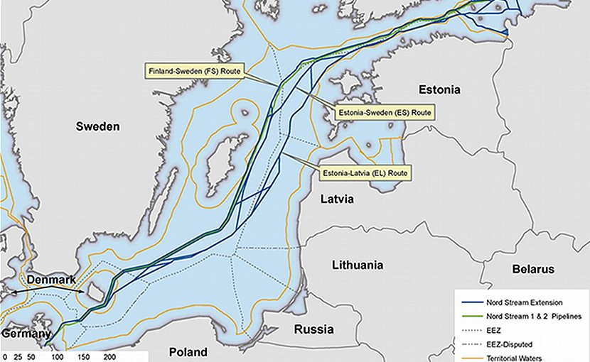 Map of Nord Stream 1 and 2, plus planned extensions. [Nord Stream website]