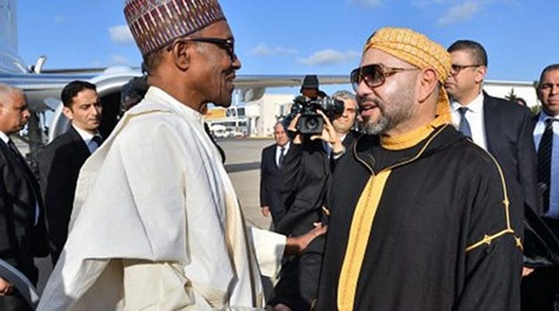 Morocco's King Mohammed VI greets Nigeria's President Muhammadu Buhar.i