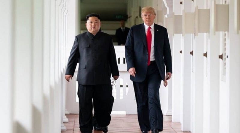 President Donald J. Trump and North Korean leader Kim Jong Un, walk together to their expanded bilateral meeting, Tuesday, June 12, 2018, at the Capella Hotel in Singapore. (Official White House Photo by Shealah Craighead)