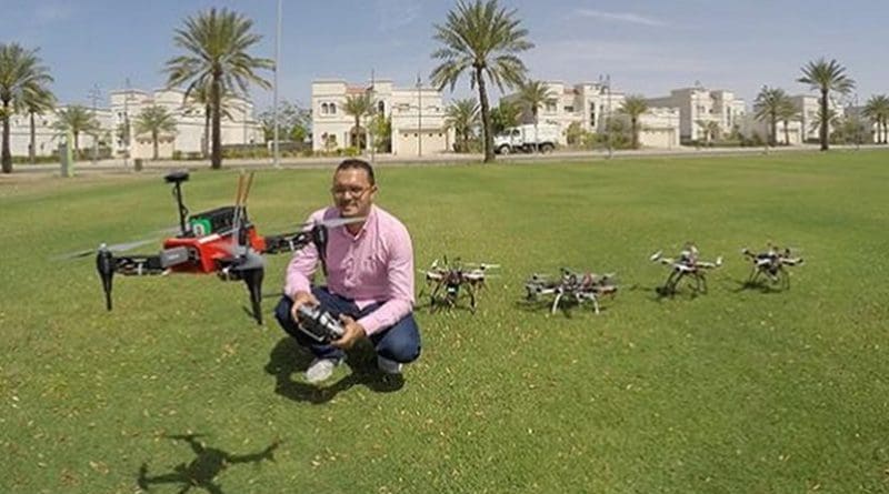 Mohamed Abdelkader is one of the researchers that developed an algorithm that enables a team of unmanned aerial vehicles to work together in real time under a capture the flag scenario to intercept an attacker drone. Credit © 2018 Kuat Telegenov