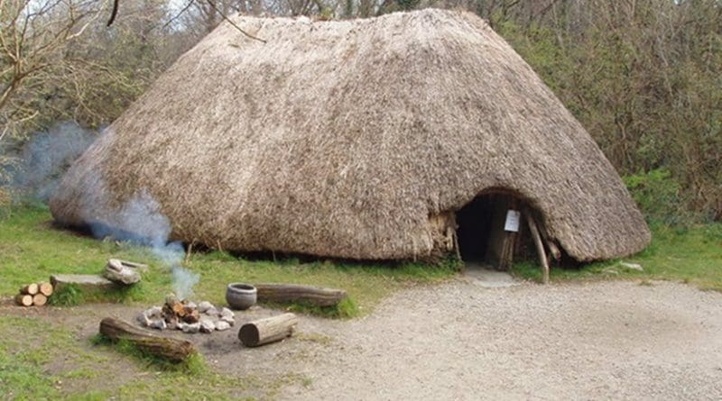 Reconstruction of an early Irish farmer's hut – Irish National Heritage Park. Photo Credit: David Hawgood, Wikipedia Commons.