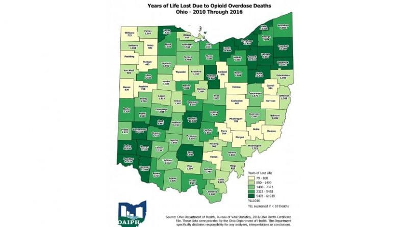 This map breaks down the number of years of life lost to opioid deaths by county in Ohio from 2010 through 2016. Credit The Ohio Alliance for Innovation in Population Health