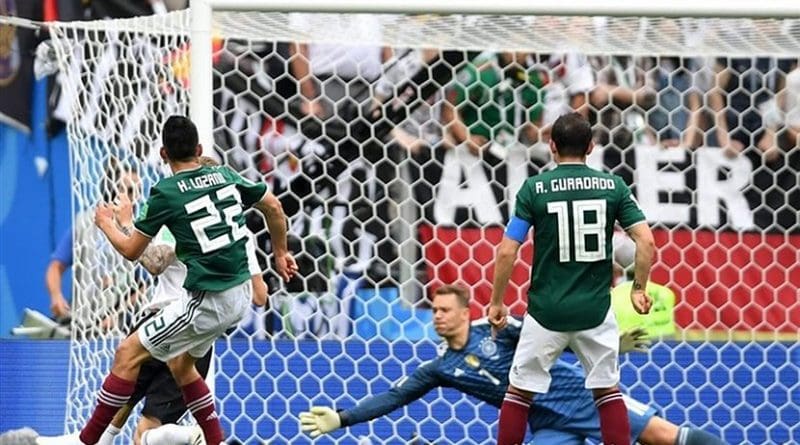 Hirving Lozano marks goal in Mexico's 1-0 win over Germany in World Cup 2018. Photo Credit: Tasnim News Agency.